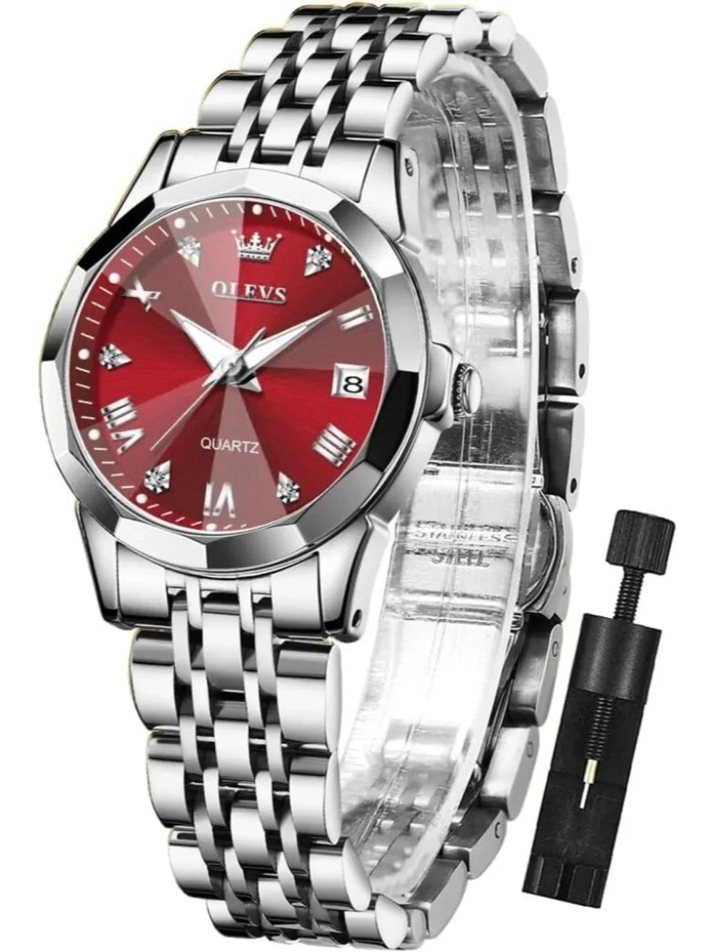Women's Red Diamond Analog Stainless Steel Waterproof Luminous Wrist Watch